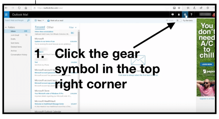 Step One: In your Outlook.com email, click the gear symbol in the top right corner.