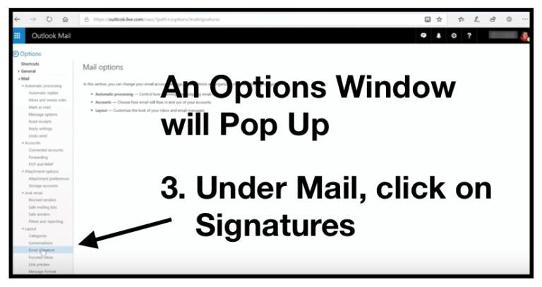 Step Three: In the Options window, scroll down to mail, and click on Signatures.