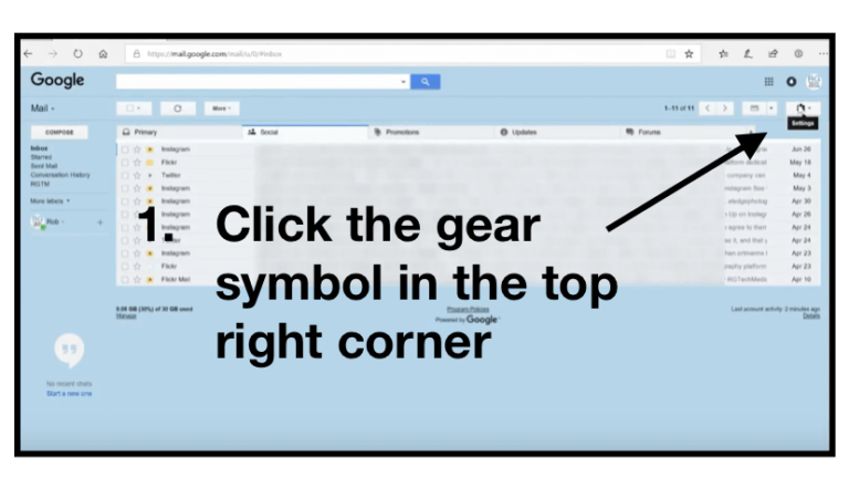 Step One: After you have signed in to your Gmail account, click the gear symbol in the top right corner.