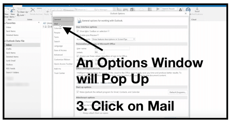 Step Three: When the Options window pops up, click on Mail.