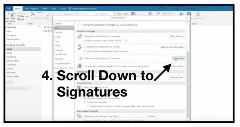 Step Four: In the Mail section, scroll down to Signatures.